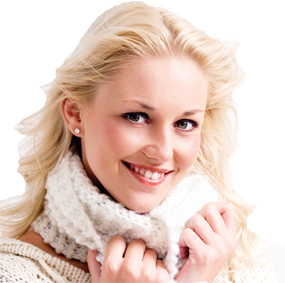 beautiful blonde woman in winter white sweater